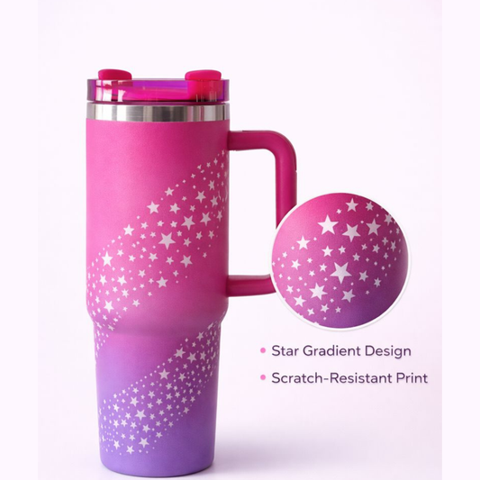 Pink Purple Star Gradient Insulated Stanley Tumbler – 1.18L Travel Mug with Handle | Hot & Cold Stainless Steel Cup