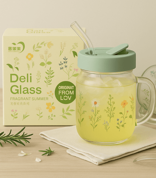 Fragrant Summer 600ml Glass Mug with Lid & Straw – Floral Print Drinking Jar for Juice, Smoothies & Iced Beverages