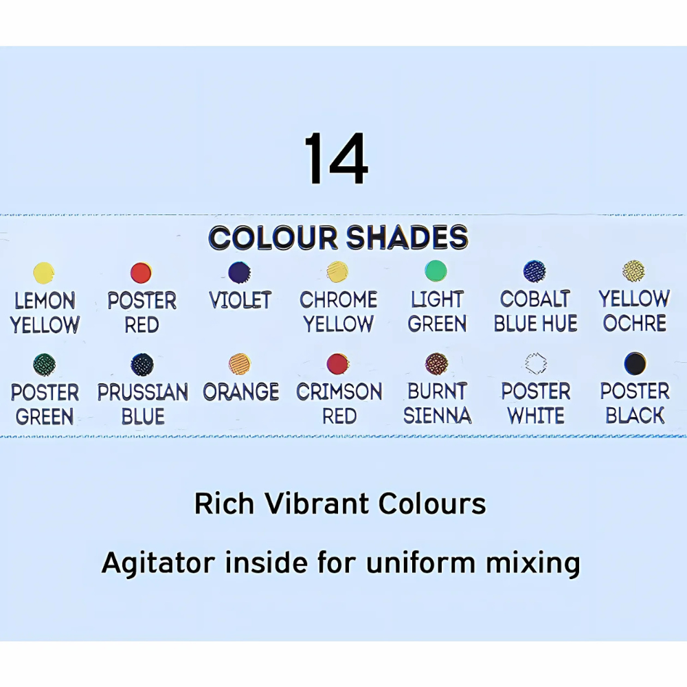 DOMS Poster Colours – 14 Brilliant Shades for Students | Water-Based Paint Set with Free Brush & Agitator for School Projects & Artwork PACK OF 1