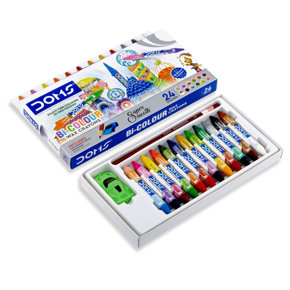 DOMS Bi-Colour Wax Crayons – 24 Dual Shades (Super Smooth Finish & Brilliant Colors) PACK OF 1