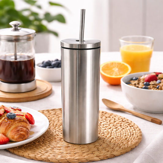 Premium Stainless Steel Vacuum Insulated Bottle 600ml – Reusable Slim Travel Tumbler with Steel Straw