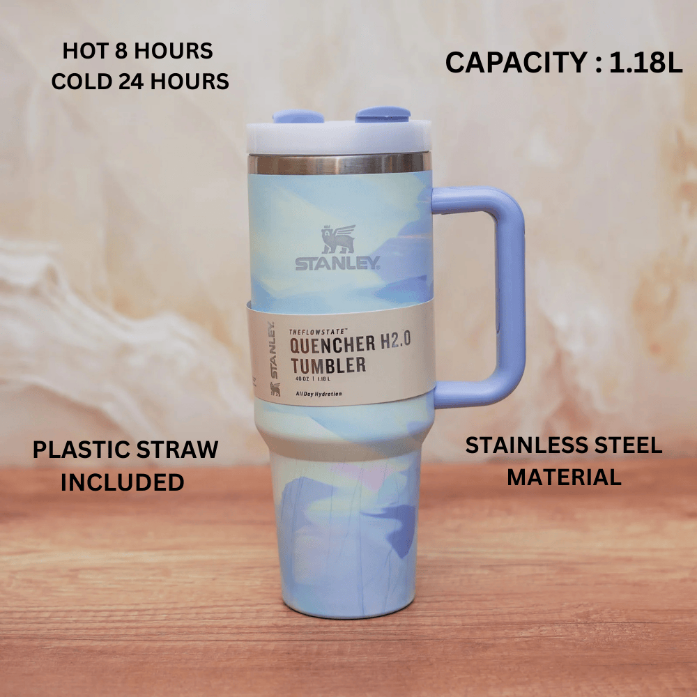 Stanley Quencher H2.0 Tumbler 40oz (1.18L) – Pastel Blue Marble Travel Mug with Handle & Straw