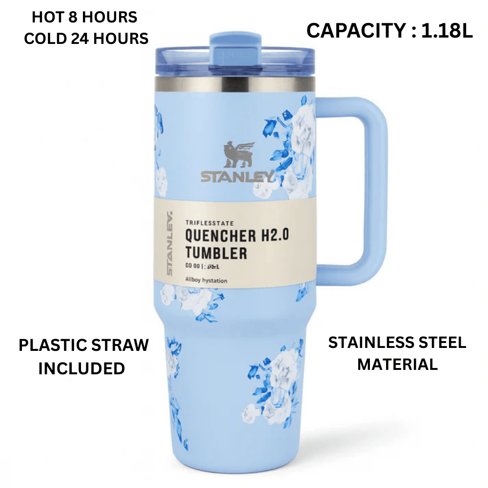Stanley Quencher H2.0 FlowState Tumbler – 40oz / 1.18L Sky Blue Floral, Vacuum Insulated Stainless Steel with Handle & Straw