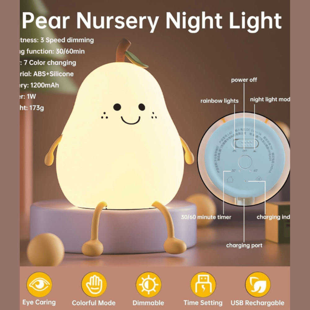 Pear Silicone LED Lamp – Rechargeable Touch Control Night Light for Bedroom & Home Decor