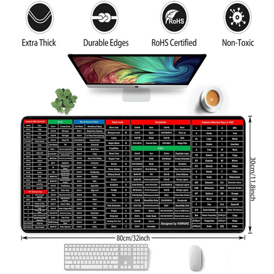 Large Shortcut Key Keyboard Mat – Office Desk Mat with Excel, Word, CAD & Photoshop Shortcuts