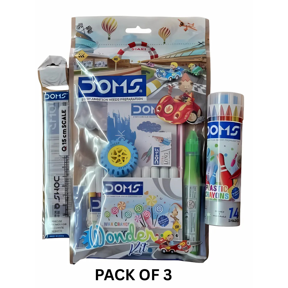 DOMS Wonder Kit Combo – Pack of 3 | Complete Kids Stationery Gift Set with Crayons, Pencil, Scale & Eraser for School & Art PACK OF 3
