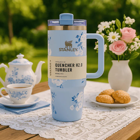 Stanley Quencher H2.0 FlowState Tumbler – 40oz / 1.18L Sky Blue Floral, Vacuum Insulated Stainless Steel with Handle & Straw