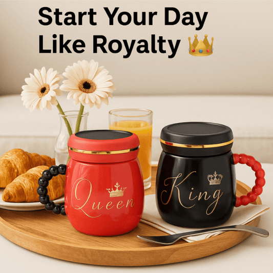 500 ml King & Queen Ceramic Milk Mugs – Set of 2 | Luxury Coffee, Tea & Hot Beverage Cups with Lids MY632