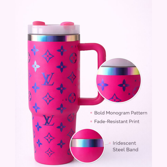Hot Pink LV Monogram Insulated Stanley Tumbler – 1.18L Stainless Steel Travel Mug with Handle | Premium Designer Print
