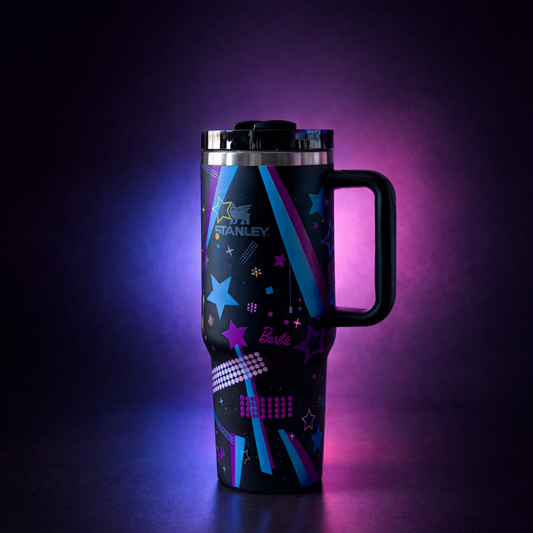 Stanley Barbie Black Tumbler – 1.18L Quencher H2.0 | Limited Edition Neon Stars Design | Hot & Cold Travel Mug