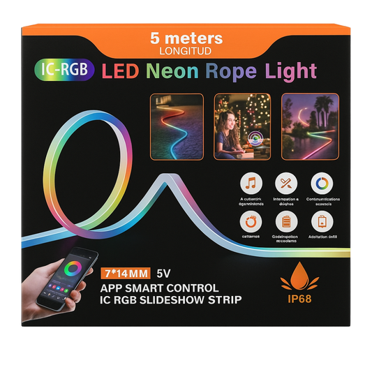 LED Neon Rope Light IC-RGB 5M – Smart App Control, 5V USB Powered, Flexible Silicone Strip, Outdoor Waterproof IP68