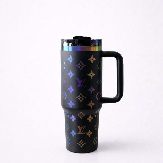 LV Black Holographic Monogram Insulated Stanley Tumbler – 1.18L Stainless Steel Travel Mug with Handle | Hot & Cold Premium Cup