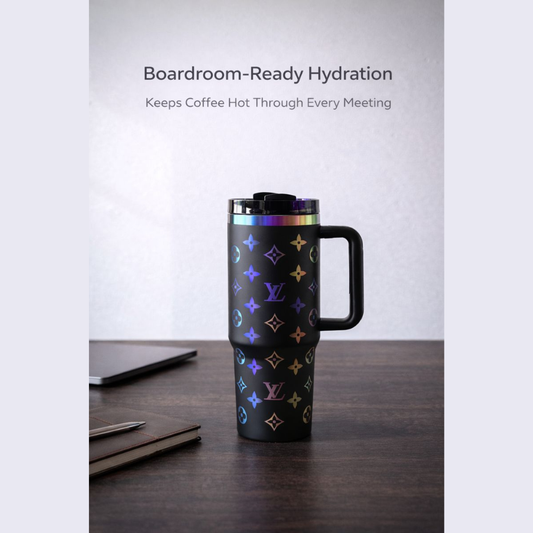 LV Black Holographic Monogram Insulated Stanley Tumbler – 1.18L Stainless Steel Travel Mug with Handle | Hot & Cold Premium Cup
