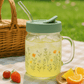 Fragrant Summer 600ml Glass Mug with Lid & Straw – Floral Print Drinking Jar for Juice, Smoothies & Iced Beverages