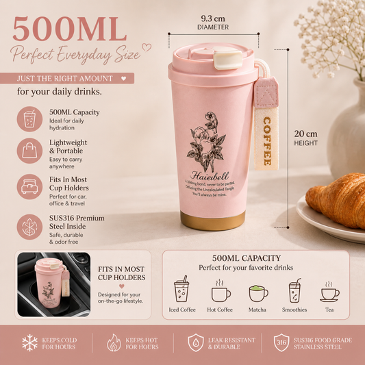 Haiebell 500ML Aesthetic Coffee Tumbler – Hot & Cold Vacuum Mug