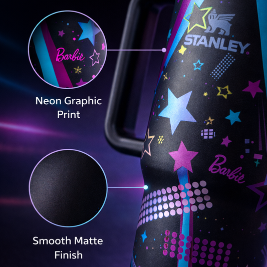 Stanley Barbie Black Tumbler – 1.18L Quencher H2.0 | Limited Edition Neon Stars Design | Hot & Cold Travel Mug