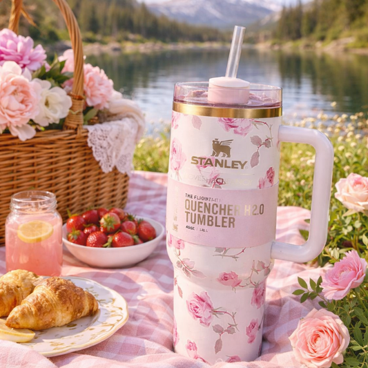 Stanley Quencher White Floral Print Love Shack Fancy Box H2.0 1.18L Insulated Tumbler with Handle & Straw –  Stainless Steel Travel Mug | Hot & Cold Vacuum Flask