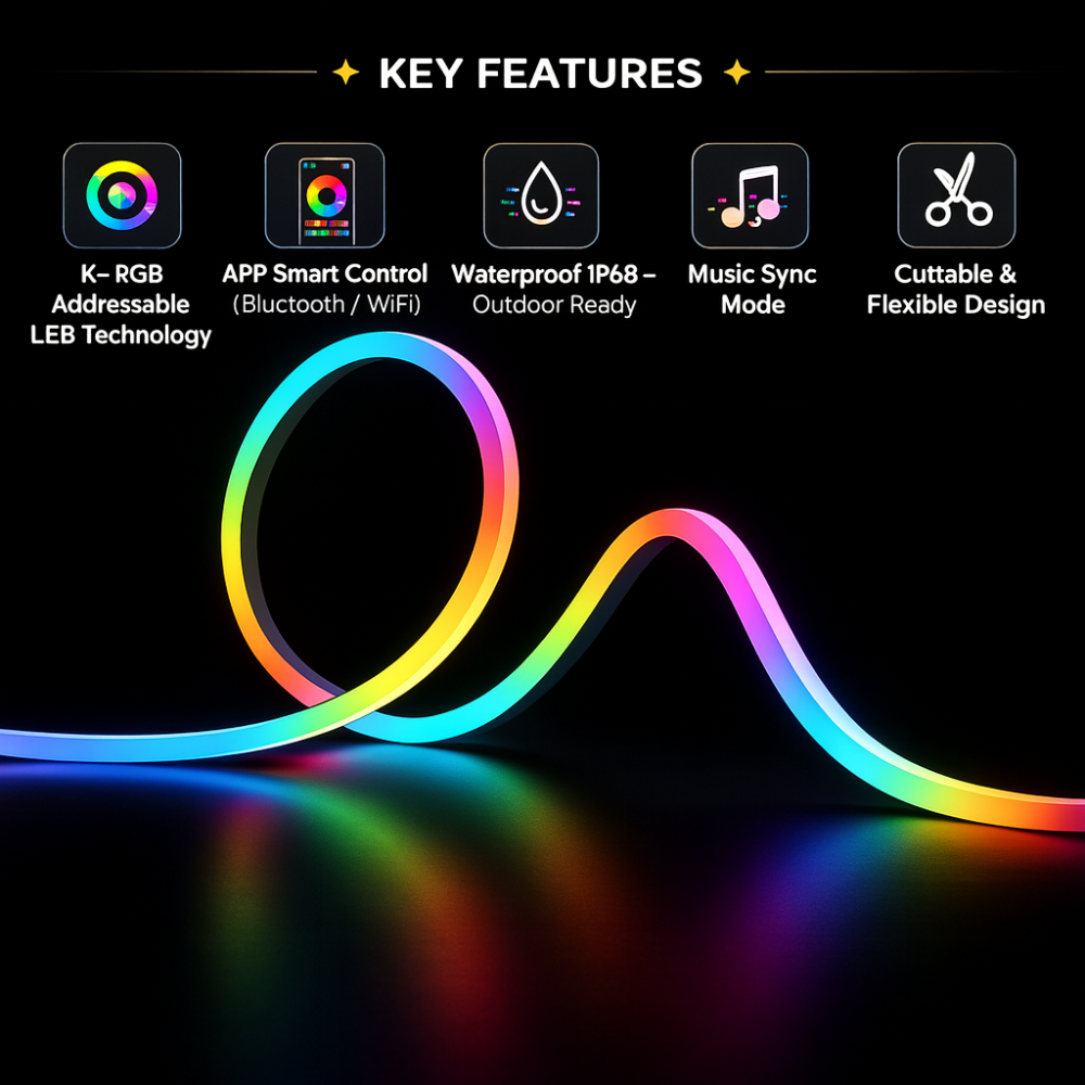 LED Neon Rope Light IC-RGB 5M – Smart App Control, 5V USB Powered, Flexible Silicone Strip, Outdoor Waterproof IP68