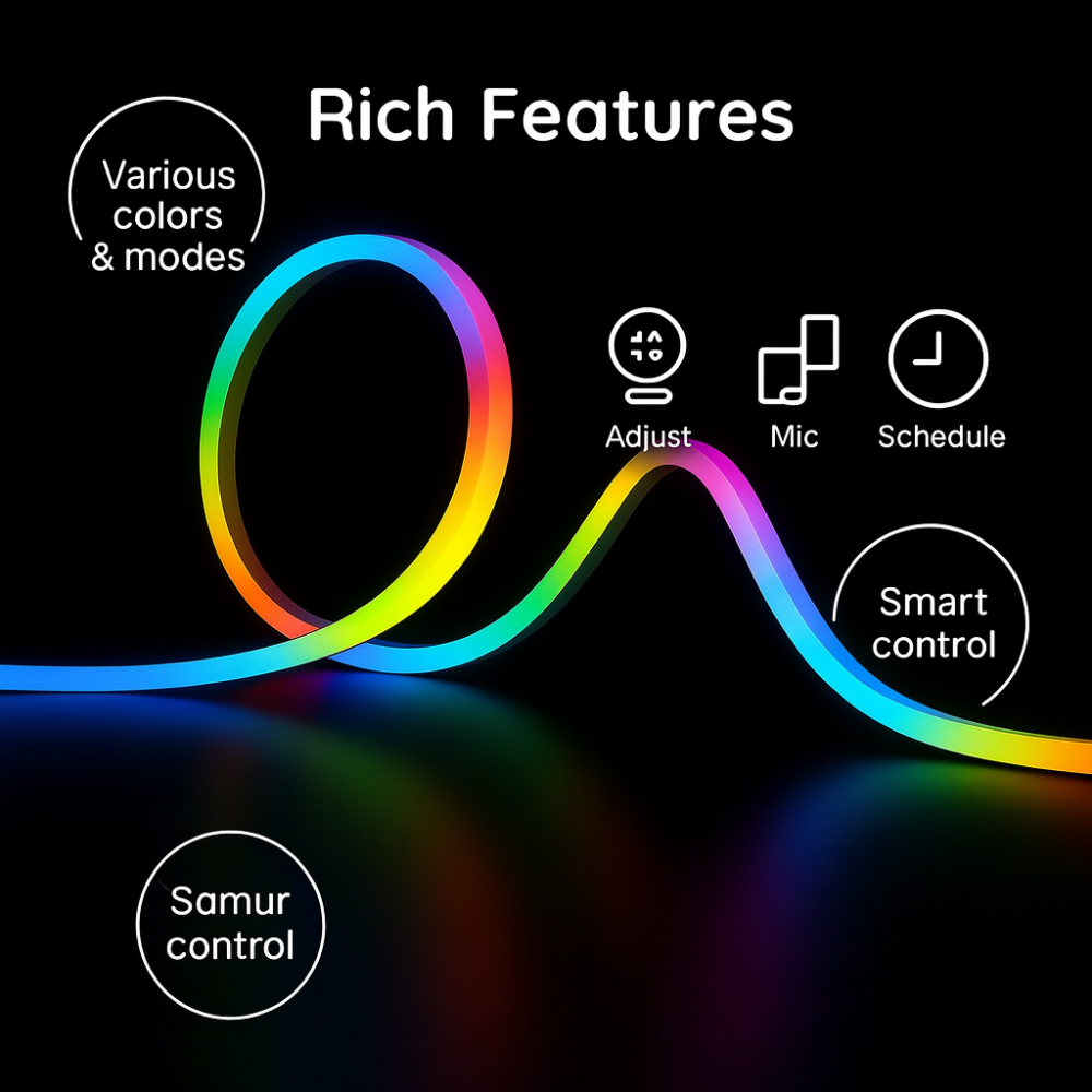 LED Neon Rope Light IC-RGB 5M – Smart App Control, 5V USB Powered, Flexible Silicone Strip, Outdoor Waterproof IP68