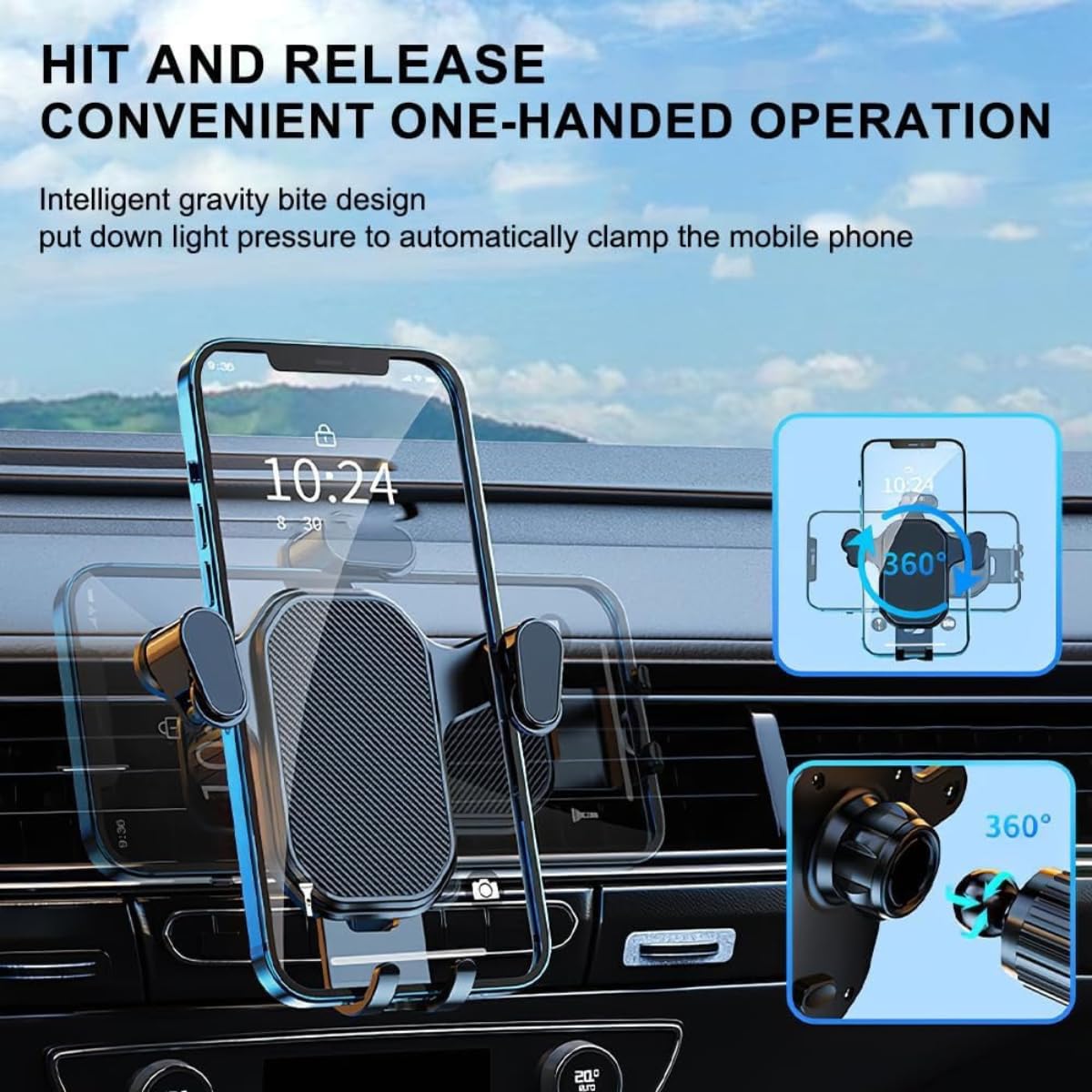 Car Air Vent Phone Holder | Gravity Auto-Lock Cradle Mount | 360° Rotation | Anti-Shake Mobile Stand for Car | One-Hand Operation | Compatible with 4.7″–7″ Smartphones