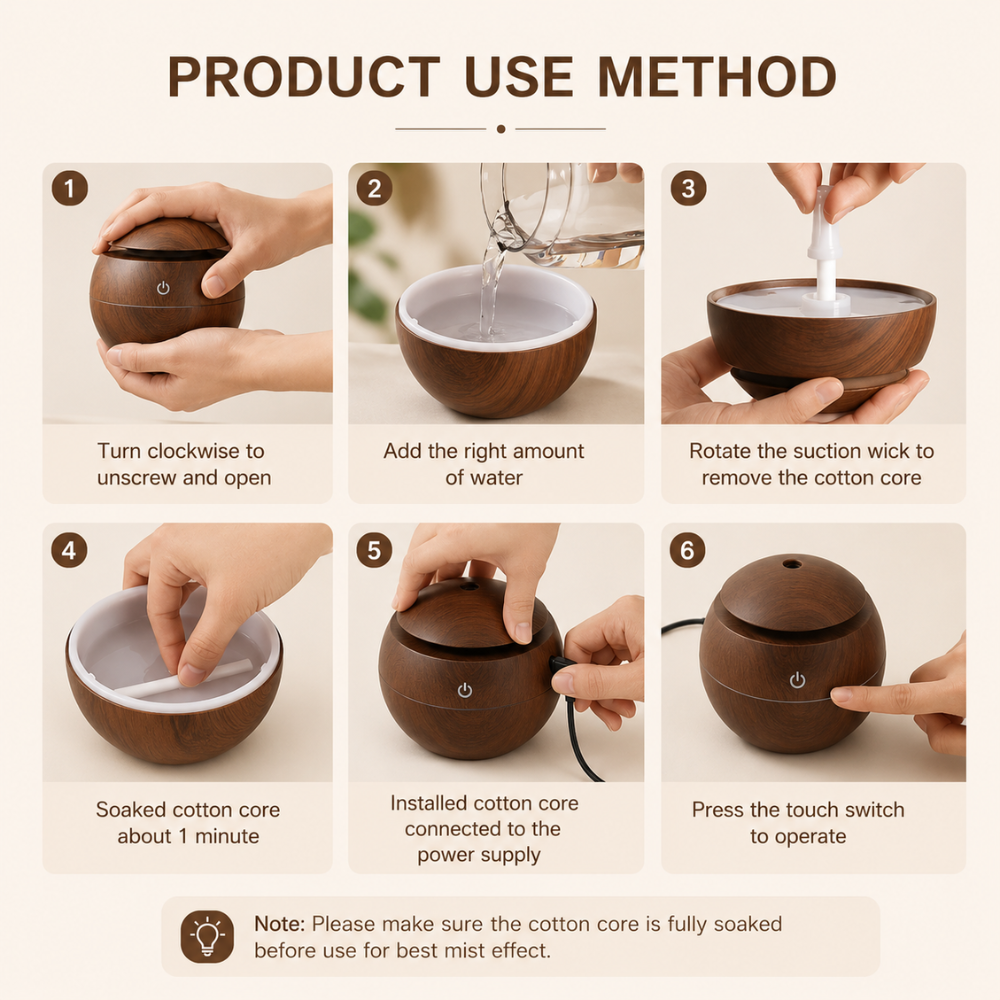 JORSOR Wooden Aroma Diffuser Humidifier with Cool Mist & LED Light – USB Ultrasonic Air Humidifier for Home, Office & Bedroom