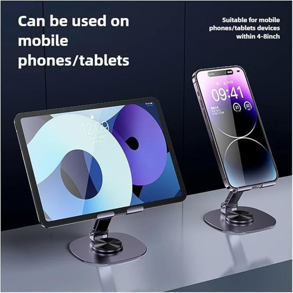 Premium 360° Adjustable Metal Mobile & Tablet Stand | Foldable Desk Holder with Anti-Slip Base