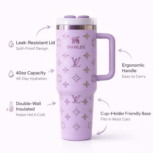 Lavender Luxury LV Print Insulated Stanley Tumbler – 1.18L Travel Mug with Handle | Hot & Cold Stainless Steel Cup