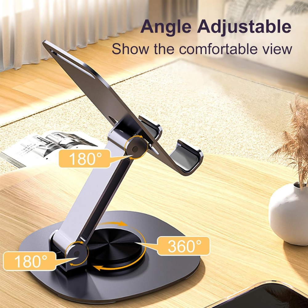 Premium 360° Adjustable Metal Mobile & Tablet Stand | Foldable Desk Holder with Anti-Slip Base