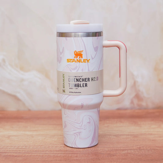 Stanley Quencher H2.0 Tumbler 1.18L – White Marble Pink Accent | Insulated Stainless Steel Travel Mug with Handle & Straw