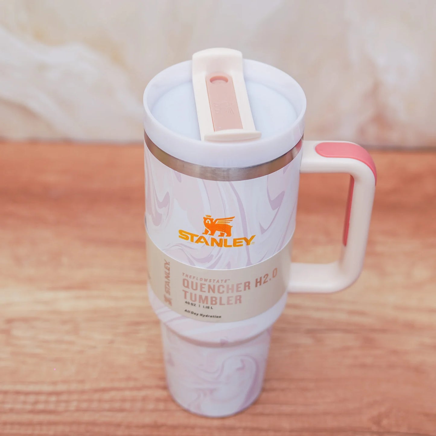 Stanley Quencher H2.0 Tumbler 1.18L – White Marble Pink Accent | Insulated Stainless Steel Travel Mug with Handle & Straw