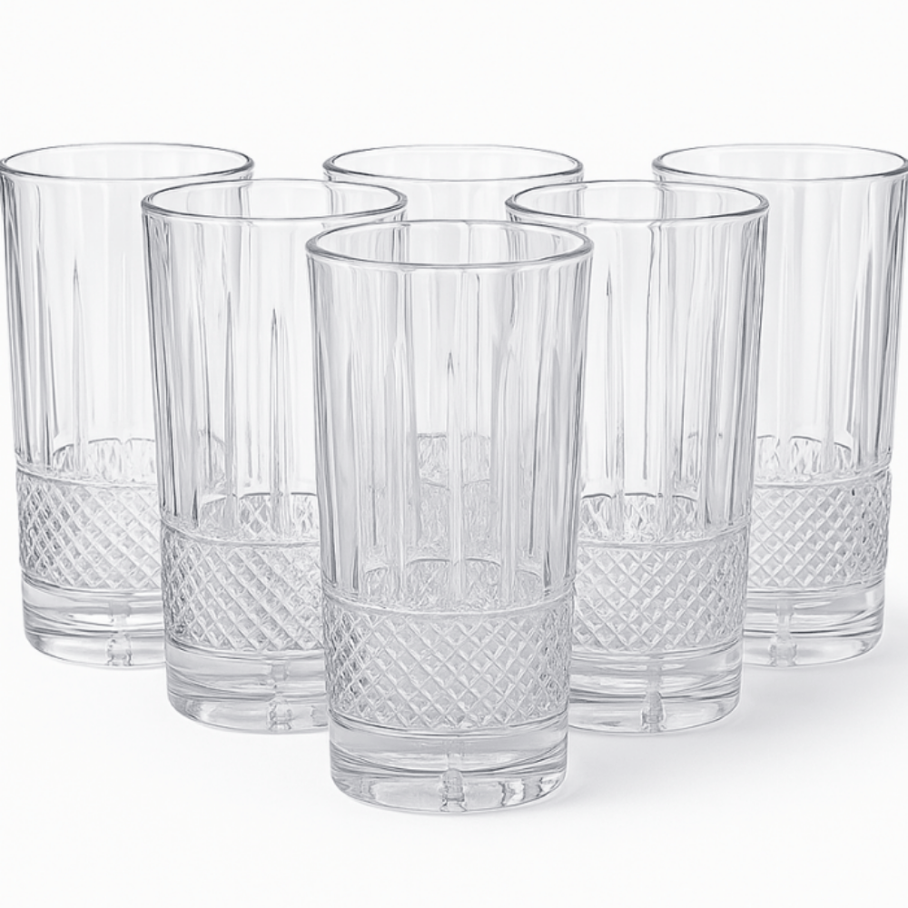 Long Design Glass Set of 6 300ml – Tall Patterned Tumblers for Water, Juice & Beverages