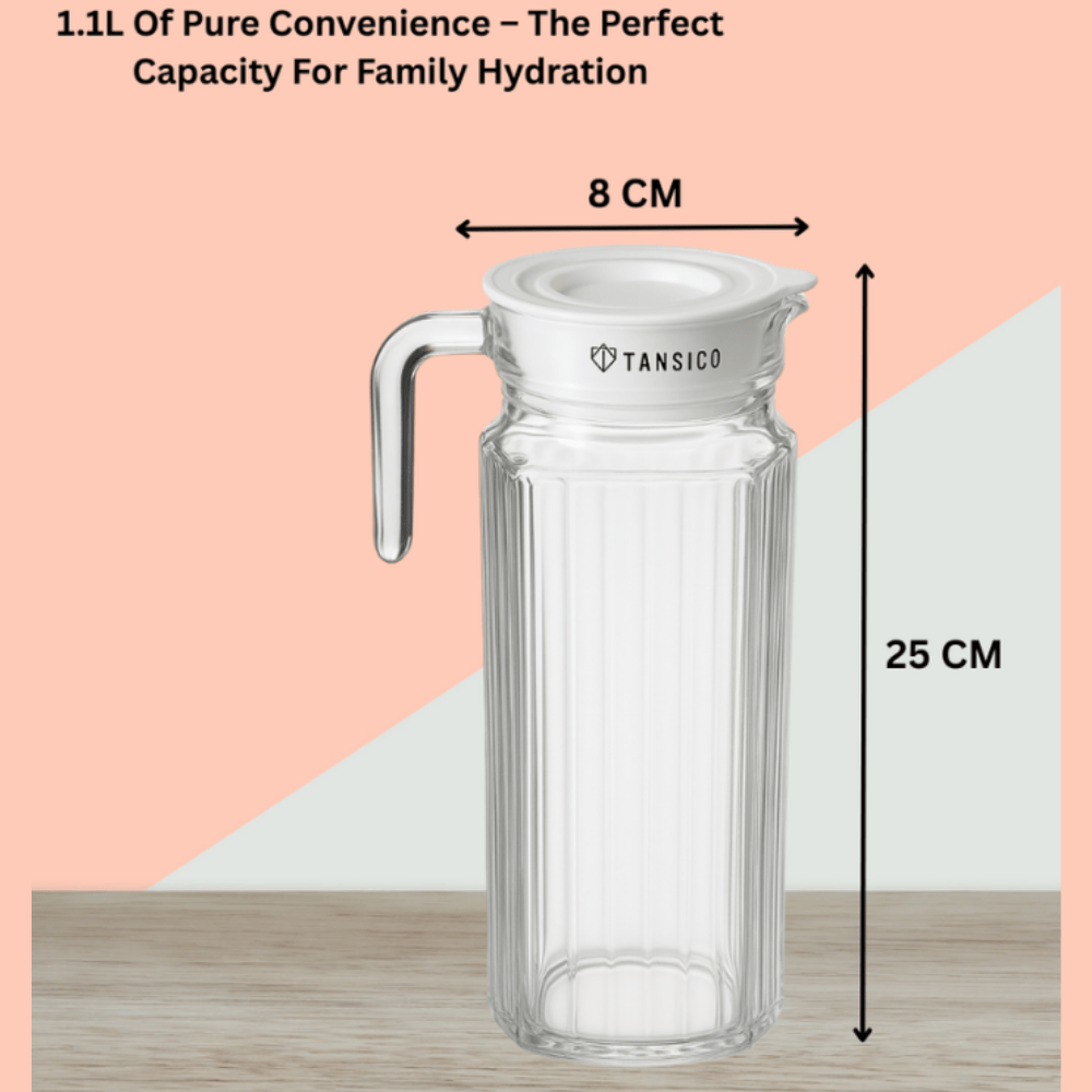 TANSICO 1.1 L Glass Water Jug with Handle & Lid – Clear Pitcher for Water, Juice & Beverages