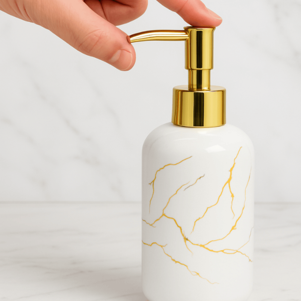 Glossy White 400ml Soap Dispenser with Gold Pump – Elegant and Refillable Bathroom & Kitchen Accessory
