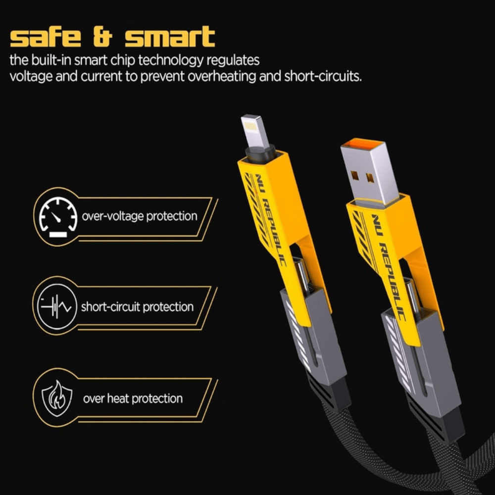 4-in-1 Fast Charging Data Cable – Multi USB Cable with Type-C, Micro USB, Lightning, and USB-A Connectors