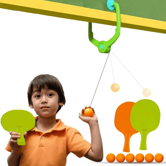 Kids Ping Pong Training Set with Adjustable Elastic String – Indoor Table Tennis Practice Kit with 2 Paddles & 6 Balls