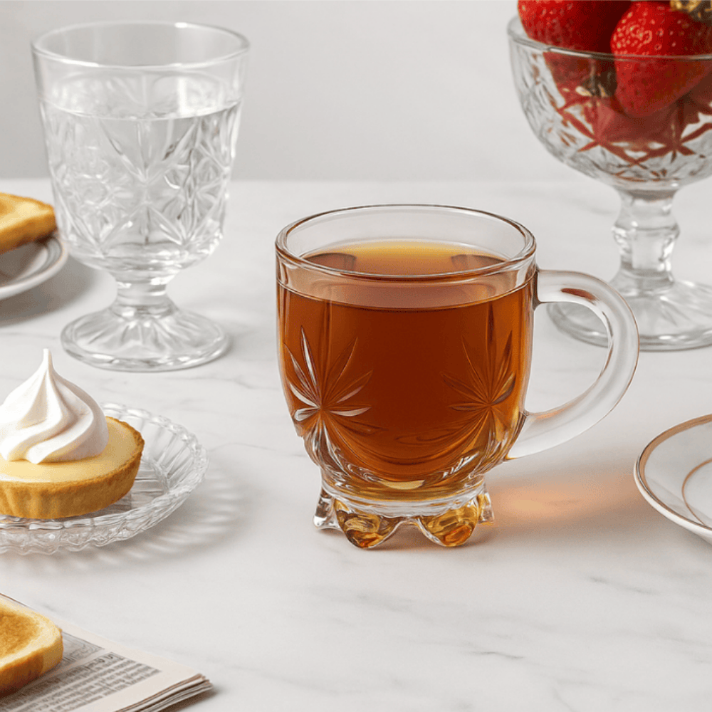 150 ml Crystal Glass Tea Mugs – Set of 6 | Elegant Cut Design with Handle for Tea, Coffee & Hot Beverages